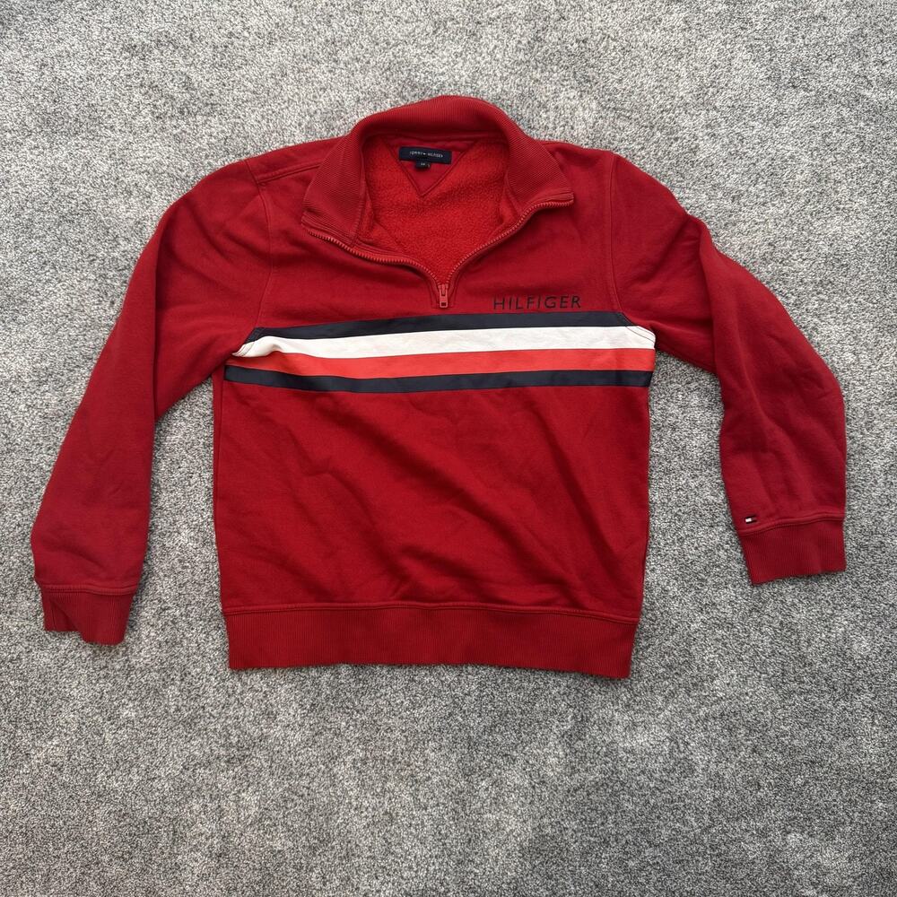 Tommy Hilfiger 1/4 Zip Sweatshirt Small Retro 70s Striped Preppy Golf Academia